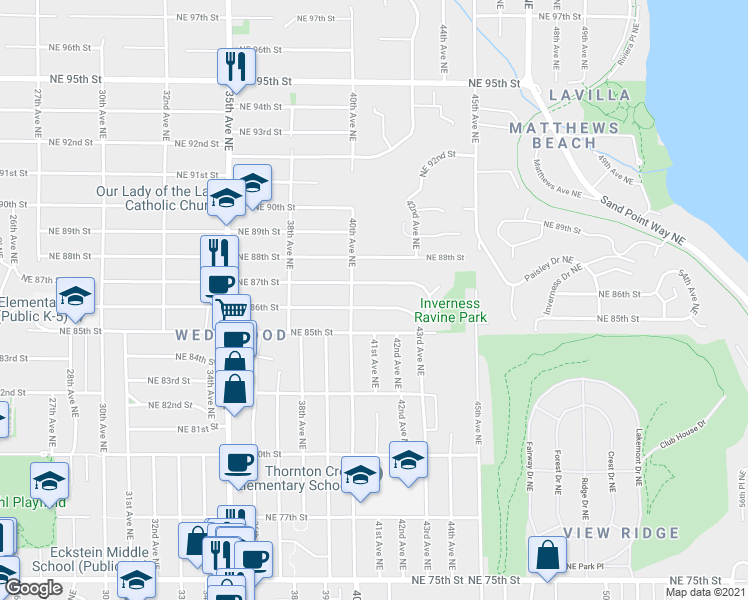 map of restaurants, bars, coffee shops, grocery stores, and more near 4020 Northeast 86th Street in Seattle
