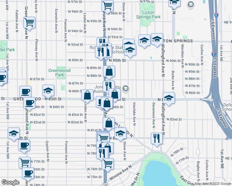 map of restaurants, bars, coffee shops, grocery stores, and more near 8516 Nesbit Avenue North in Seattle