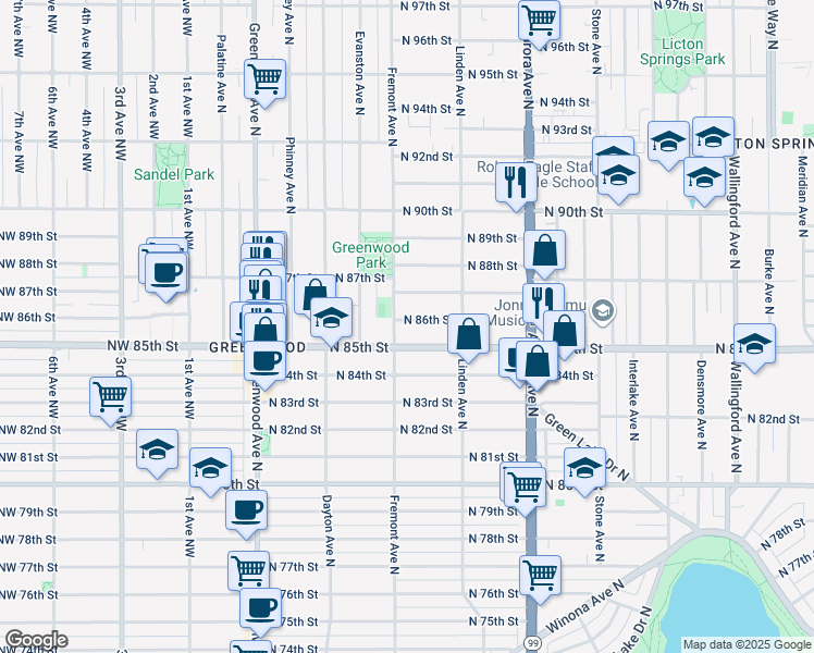 map of restaurants, bars, coffee shops, grocery stores, and more near 711 North 86th Street in Seattle