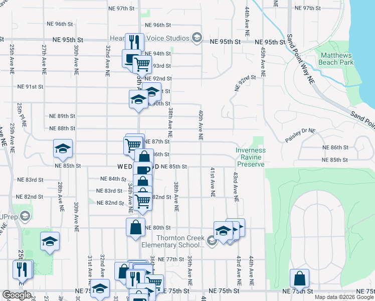 map of restaurants, bars, coffee shops, grocery stores, and more near 3834 Northeast 86th Street in Seattle