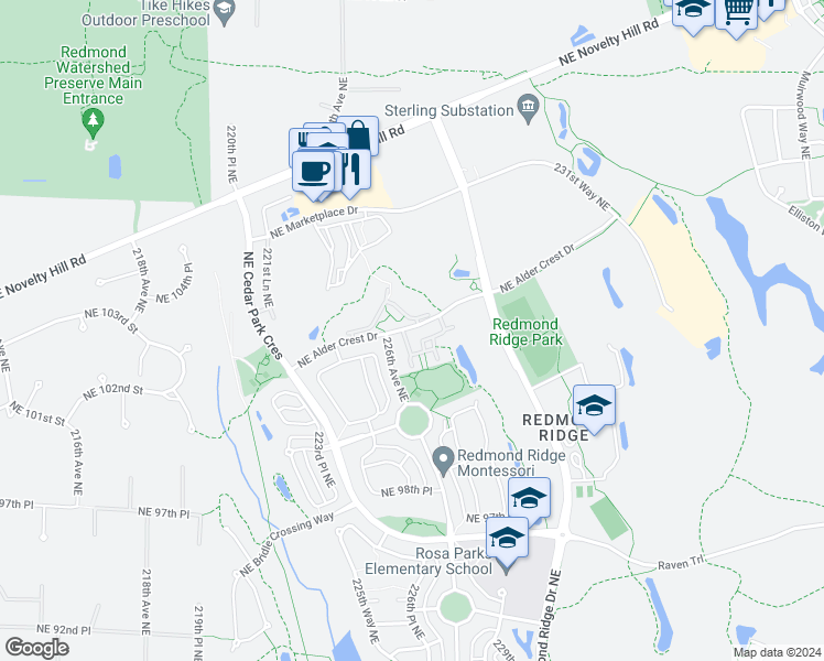 map of restaurants, bars, coffee shops, grocery stores, and more near 22633 Northeast Alder Crest Drive in Redmond