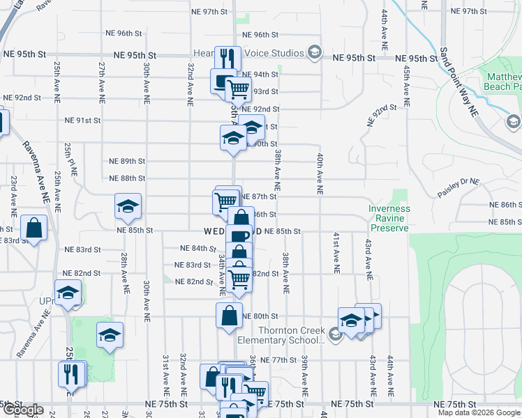 map of restaurants, bars, coffee shops, grocery stores, and more near 3538 Northeast 86th Street in Seattle