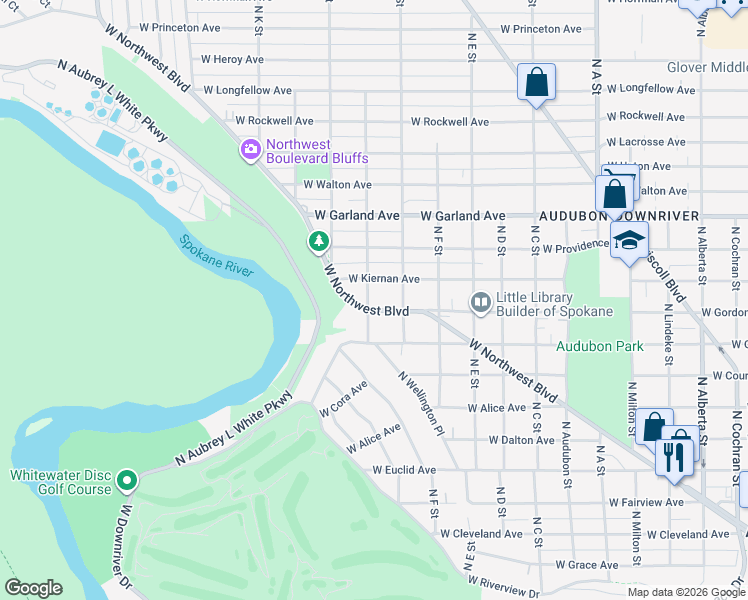map of restaurants, bars, coffee shops, grocery stores, and more near 3530 West Northwest Boulevard in Spokane