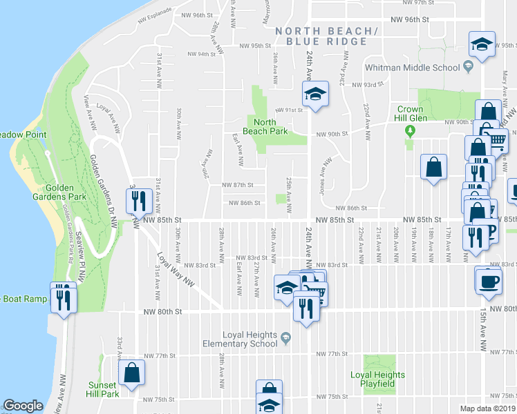 map of restaurants, bars, coffee shops, grocery stores, and more near 2609 Northwest 86th Street in Seattle
