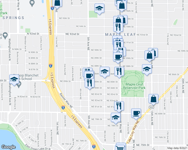 map of restaurants, bars, coffee shops, grocery stores, and more near 525 Northeast 86th Street in Seattle