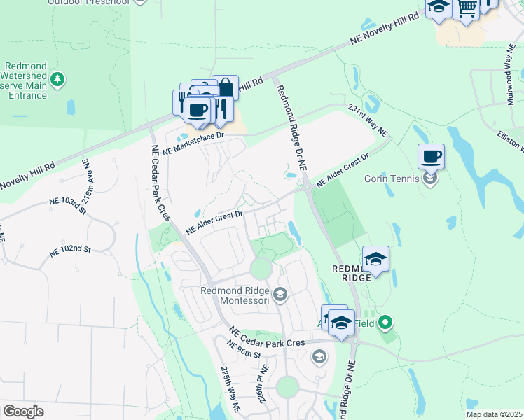 map of restaurants, bars, coffee shops, grocery stores, and more near 22633 Northeast Alder Crest Drive in Redmond