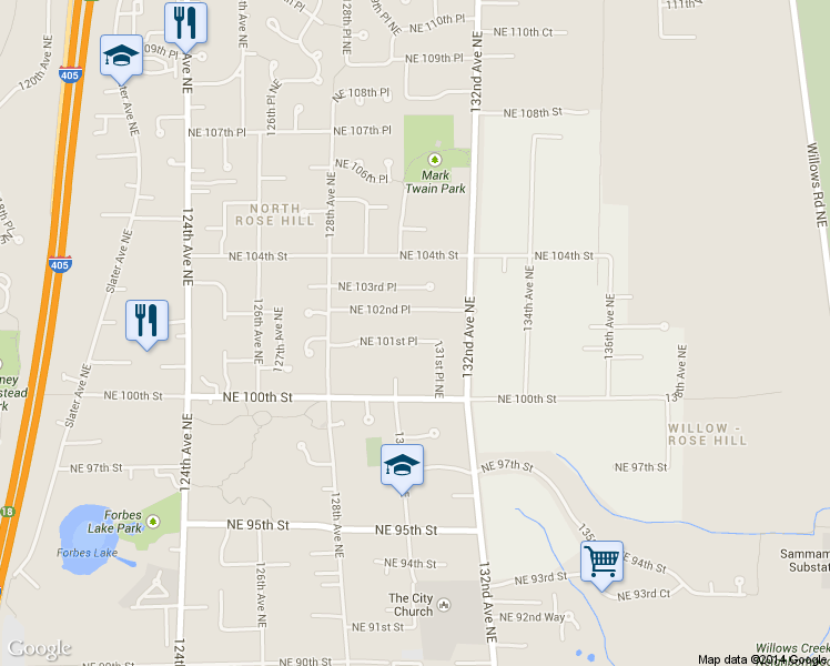map of restaurants, bars, coffee shops, grocery stores, and more near 13007 Northeast 101st Place in Kirkland