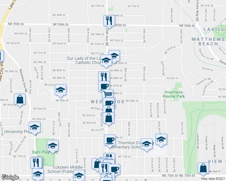 map of restaurants, bars, coffee shops, grocery stores, and more near 3538 Northeast 86th Street in Seattle