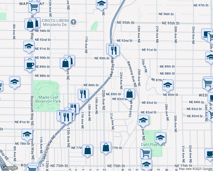 map of restaurants, bars, coffee shops, grocery stores, and more near 8512 Lake City Way Northeast in Seattle
