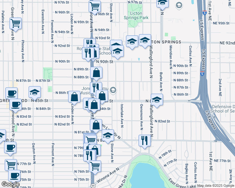 map of restaurants, bars, coffee shops, grocery stores, and more near 8513B Stone Avenue North in Seattle