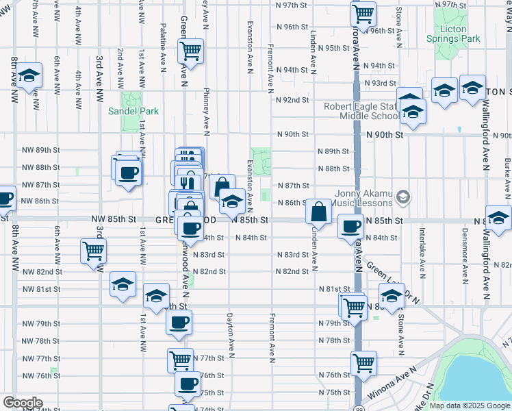 map of restaurants, bars, coffee shops, grocery stores, and more near 632 North 85th Street in Seattle