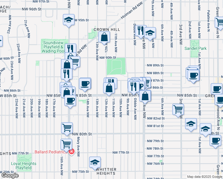 map of restaurants, bars, coffee shops, grocery stores, and more near 1012 Northwest 85th Street in Seattle