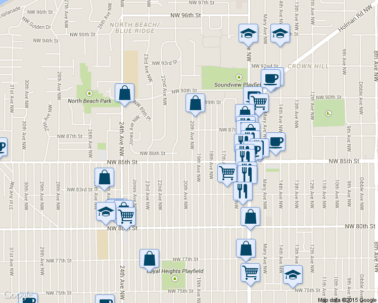 map of restaurants, bars, coffee shops, grocery stores, and more near in Seattle