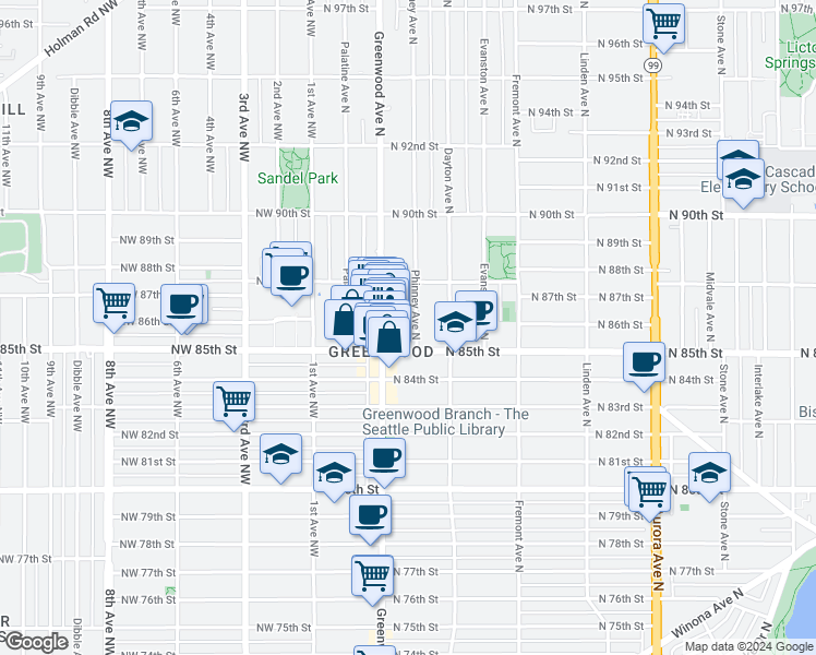 map of restaurants, bars, coffee shops, grocery stores, and more near in Seattle