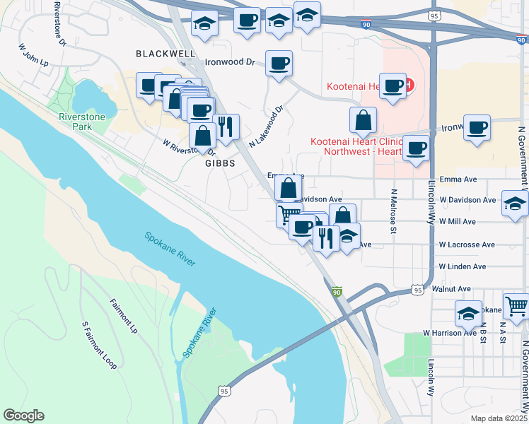 map of restaurants, bars, coffee shops, grocery stores, and more near 1219 West Mill Avenue in Coeur d'Alene