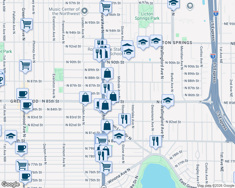 map of restaurants, bars, coffee shops, grocery stores, and more near 8516 Nesbit Avenue North in Seattle