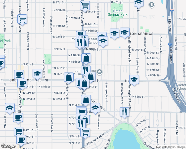 map of restaurants, bars, coffee shops, grocery stores, and more near 8523 Midvale Avenue North in Seattle