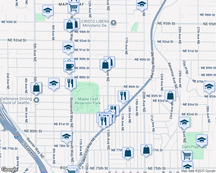 map of restaurants, bars, coffee shops, grocery stores, and more near 15th Avenue Northeast & Northeast 86th Street in Seattle
