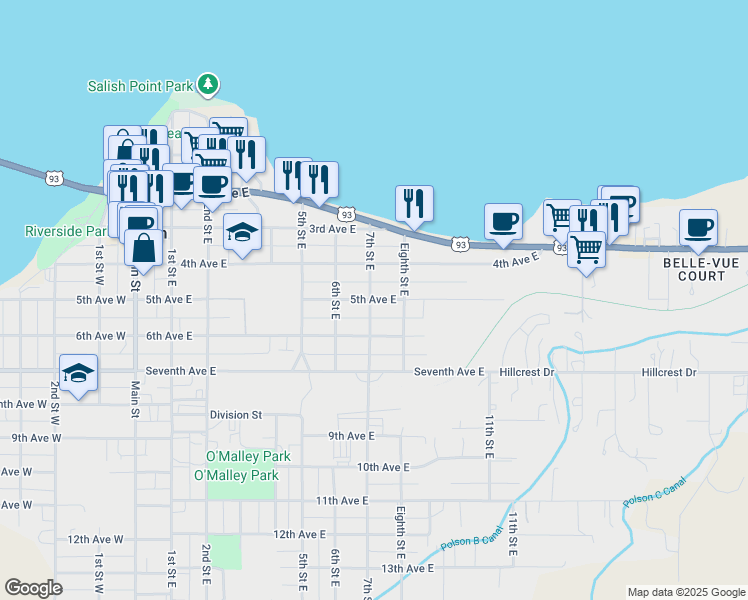 map of restaurants, bars, coffee shops, grocery stores, and more near 708 5th Avenue in Polson