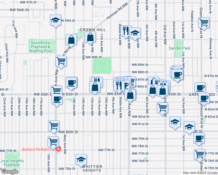 map of restaurants, bars, coffee shops, grocery stores, and more near 8509 9th Avenue Northwest in Seattle