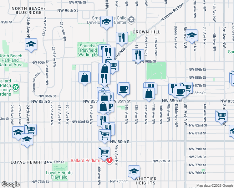 map of restaurants, bars, coffee shops, grocery stores, and more near 8573 Mary Avenue Northwest in Seattle