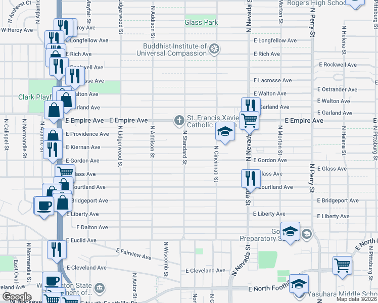 map of restaurants, bars, coffee shops, grocery stores, and more near 603 East Gordon Avenue in Spokane