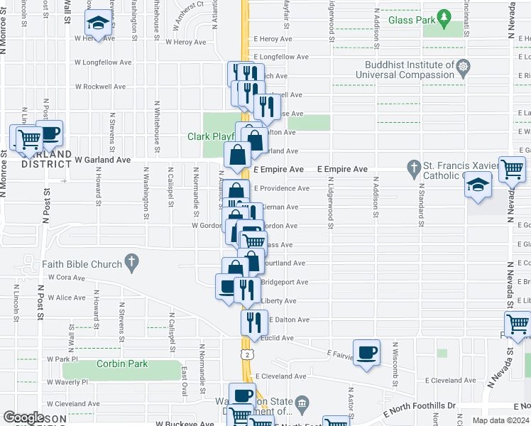map of restaurants, bars, coffee shops, grocery stores, and more near 41 East Gordon Avenue in Spokane