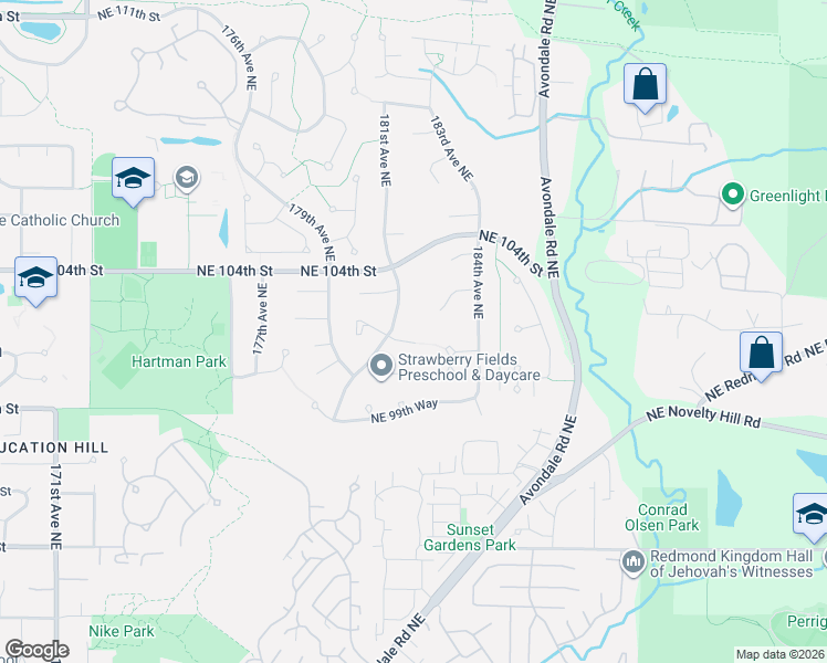 map of restaurants, bars, coffee shops, grocery stores, and more near 18115 Northeast 101st Court in Redmond