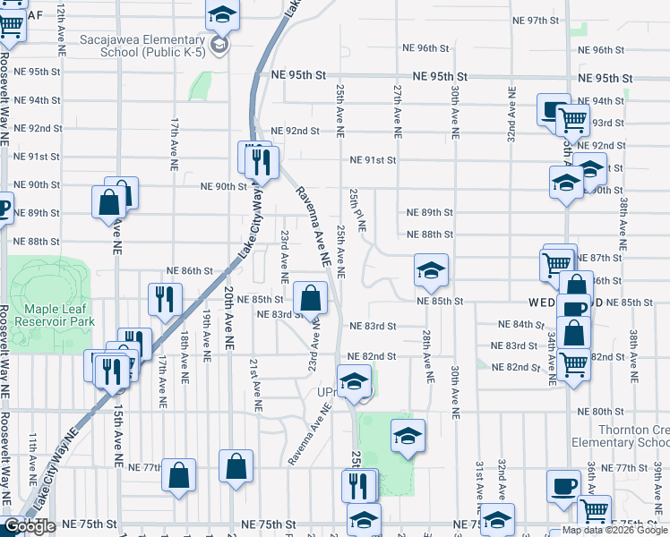 map of restaurants, bars, coffee shops, grocery stores, and more near 2337 Northeast 86th Street in Seattle
