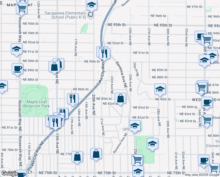 map of restaurants, bars, coffee shops, grocery stores, and more near 8540 23rd Avenue Northeast in Seattle
