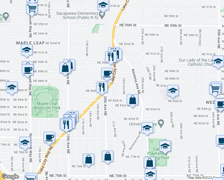 map of restaurants, bars, coffee shops, grocery stores, and more near 8605 21st Place Northeast in Seattle
