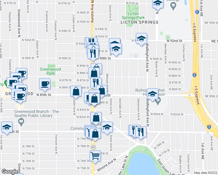 map of restaurants, bars, coffee shops, grocery stores, and more near 8513B Stone Avenue North in Seattle