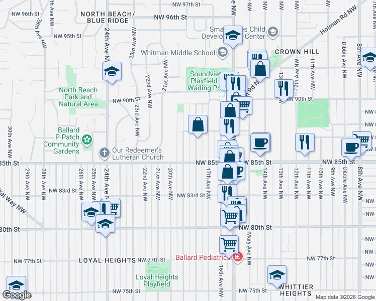 map of restaurants, bars, coffee shops, grocery stores, and more near 8511 18th Avenue Northwest in Seattle