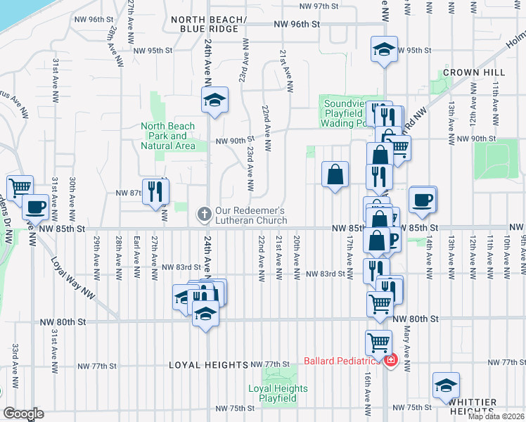 map of restaurants, bars, coffee shops, grocery stores, and more near 2143 Northwest 86th Street in Seattle