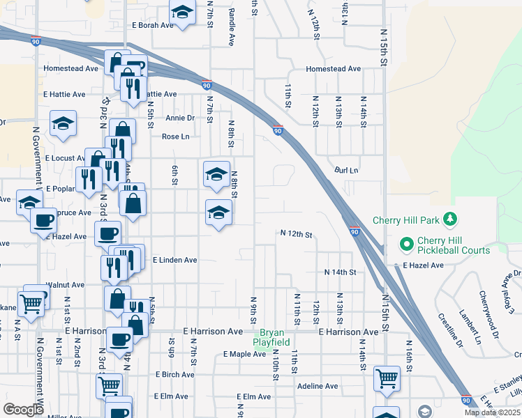 map of restaurants, bars, coffee shops, grocery stores, and more near 910 East Spruce Avenue in Coeur d'Alene