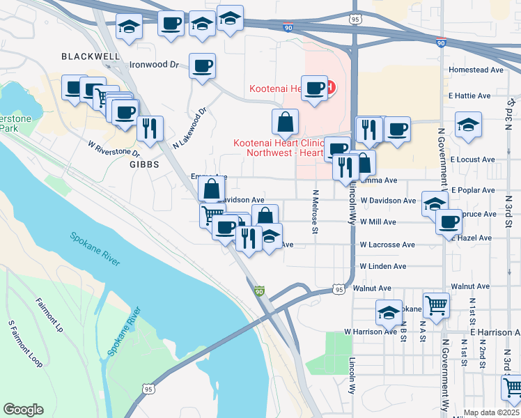map of restaurants, bars, coffee shops, grocery stores, and more near 1717 Ammon Place in Coeur d'Alene