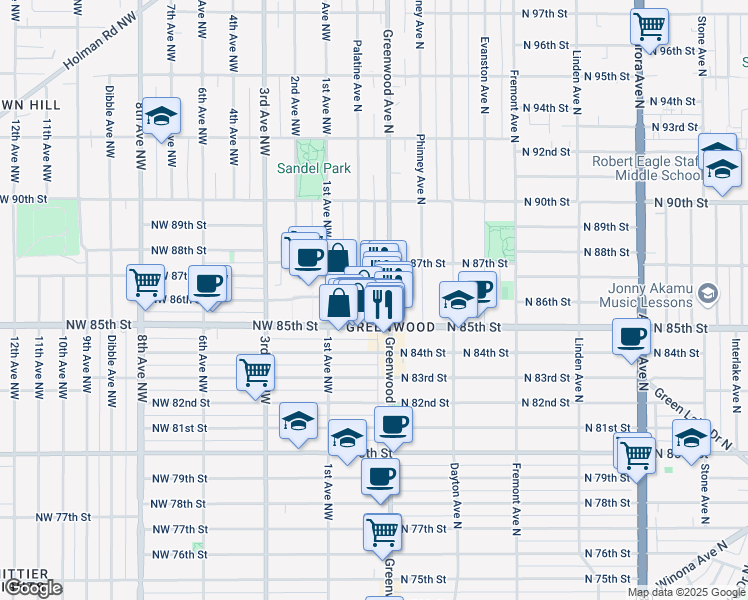 map of restaurants, bars, coffee shops, grocery stores, and more near 8528 Palatine Avenue North in Seattle