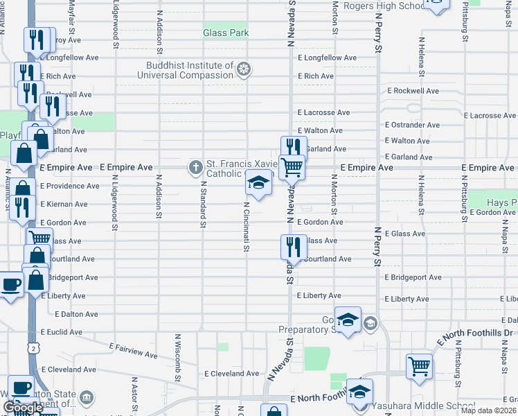 map of restaurants, bars, coffee shops, grocery stores, and more near 807 East Gordon Avenue in Spokane