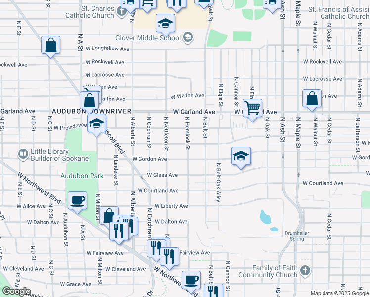map of restaurants, bars, coffee shops, grocery stores, and more near 2318 West Gordon Avenue in Spokane