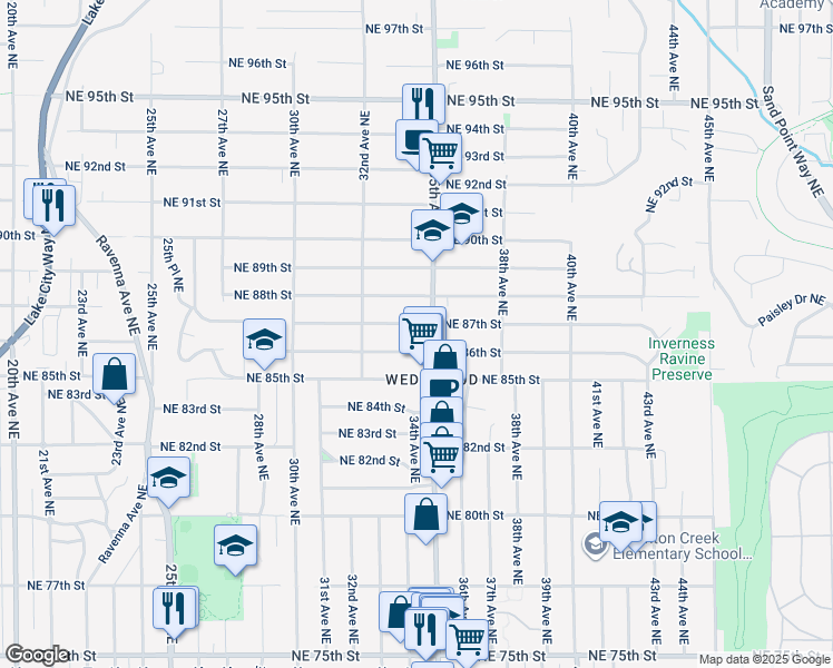 map of restaurants, bars, coffee shops, grocery stores, and more near 3232 Northeast 86th Street in Seattle
