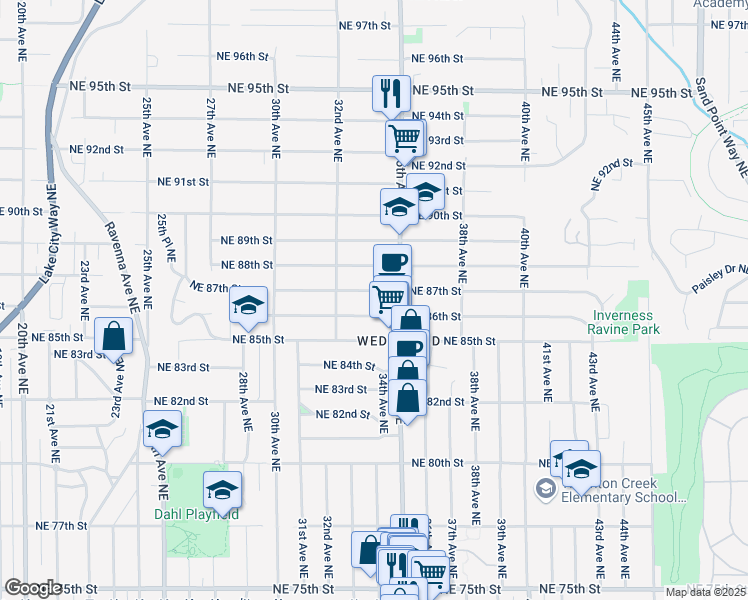 map of restaurants, bars, coffee shops, grocery stores, and more near 3232 Northeast 86th Street in Seattle