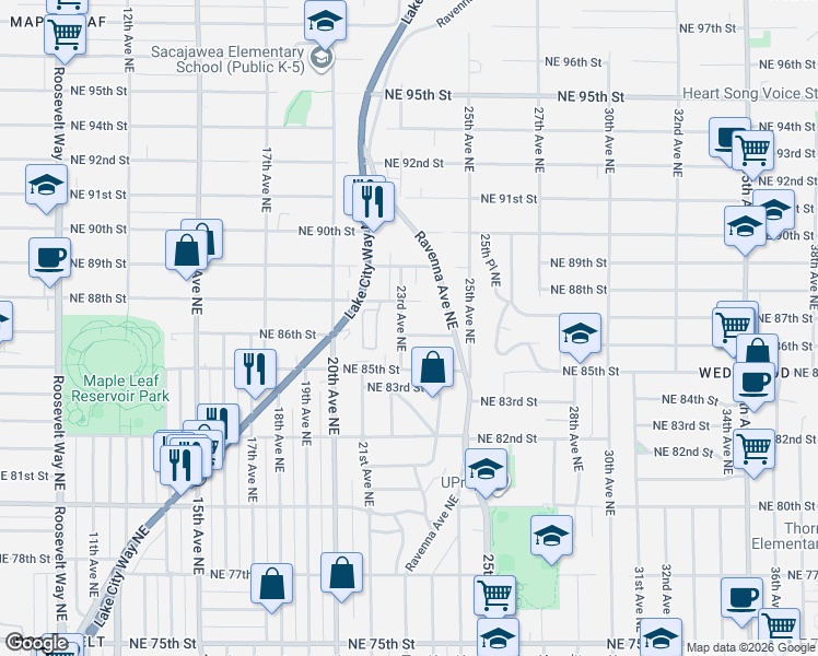 map of restaurants, bars, coffee shops, grocery stores, and more near 8540 23rd Avenue Northeast in Seattle