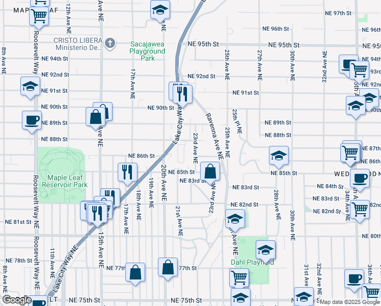 map of restaurants, bars, coffee shops, grocery stores, and more near 8540 23rd Avenue Northeast in Seattle