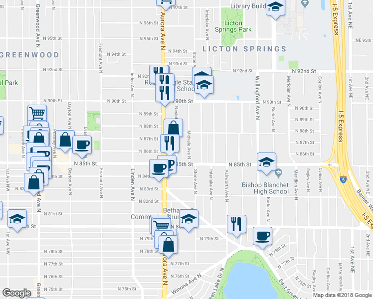 map of restaurants, bars, coffee shops, grocery stores, and more near 8516 Nesbit Avenue North in Seattle