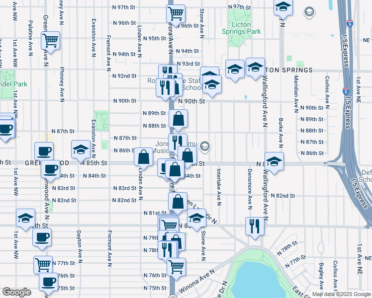 map of restaurants, bars, coffee shops, grocery stores, and more near 8516 Nesbit Avenue North in Seattle