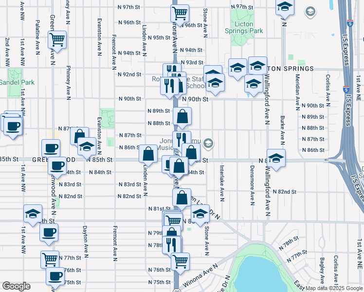 map of restaurants, bars, coffee shops, grocery stores, and more near in Seattle