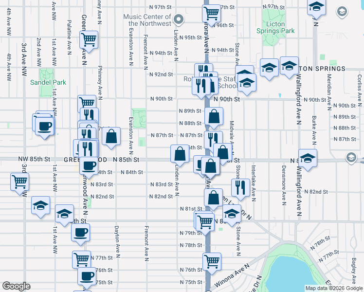 map of restaurants, bars, coffee shops, grocery stores, and more near 8511 Linden Avenue North in Seattle