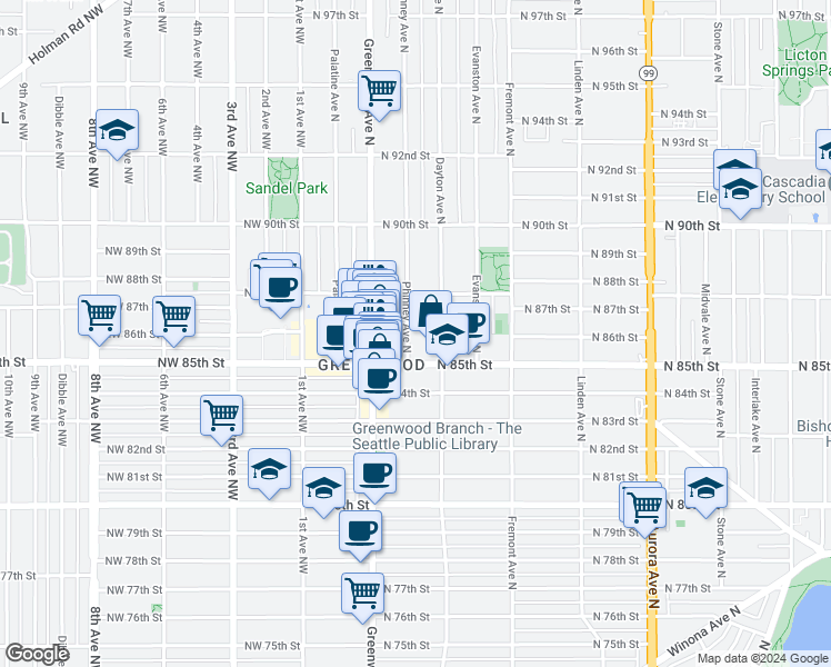 map of restaurants, bars, coffee shops, grocery stores, and more near 404 North 85th Street in Seattle