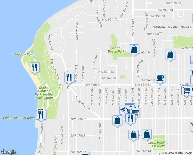 map of restaurants, bars, coffee shops, grocery stores, and more near 8508 29th Avenue Northwest in Seattle