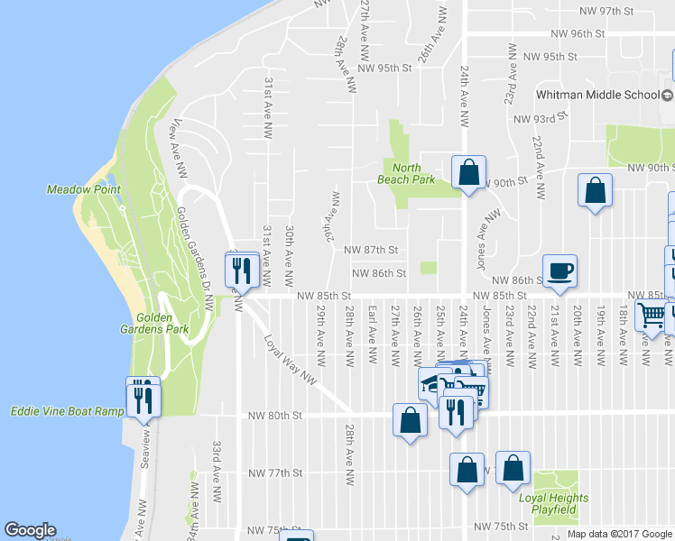 map of restaurants, bars, coffee shops, grocery stores, and more near 8604 29th Avenue Northwest in Seattle